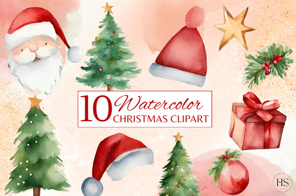10 Christmas Watercolor Clipart Set for Illustrations