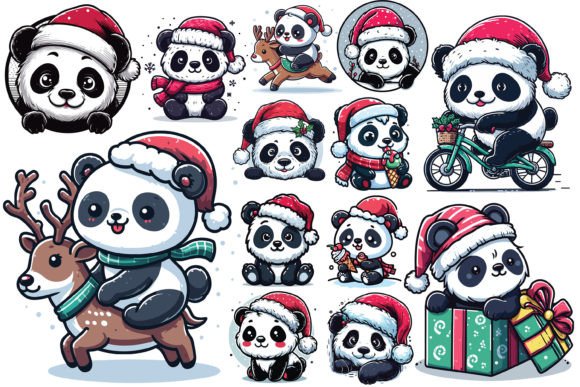13 X Panda Wearing Christmas Hat Bundle for Illustrations