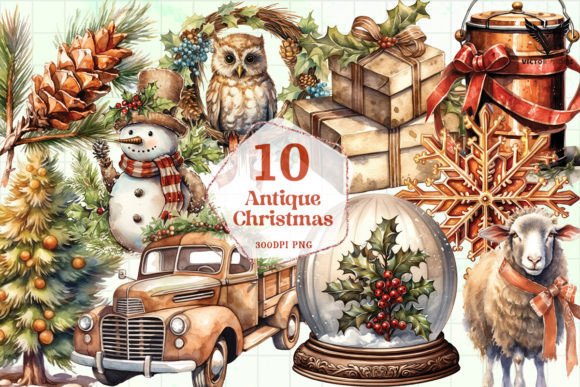 Antique Christmas Sublimation Clipart for Editorial Illustrations