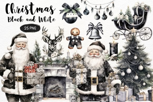Christmas Black and White Watercolor PNG for Modern Illustrations