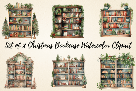 Christmas Bookcase Watercolor Clipart for Modern Illustrations
