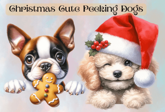 Christmas Cute Peeking Dogs Clipart No 7: Modern Illustrations for Bloggers