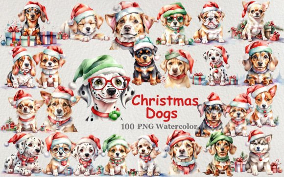 Christmas Dogs Watercolor Clipart Bundle for Illustrations