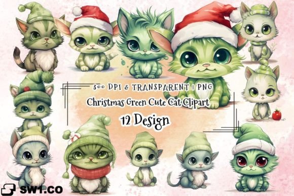 Christmas Green Cute Cat Clipart PNG Review