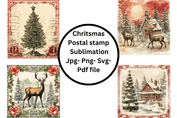 Christmas Postage Stamp Sublimation: Vintage Illustrations for Holiday Branding