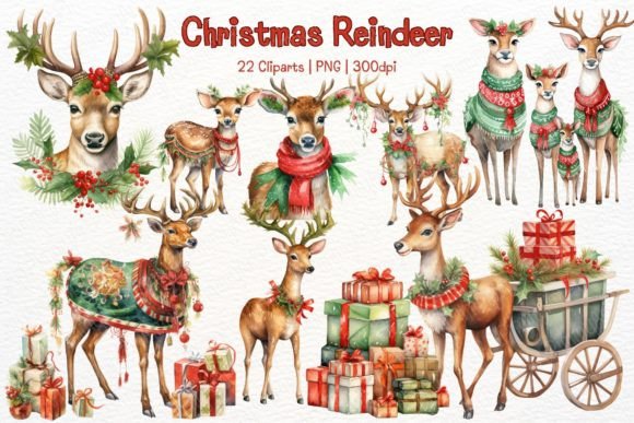 Christmas Reindeer Watercolor Clipart for Modern Illustrations