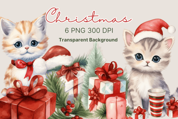 Cute Christmas Cat Watercolor Clipart for Illustrations
