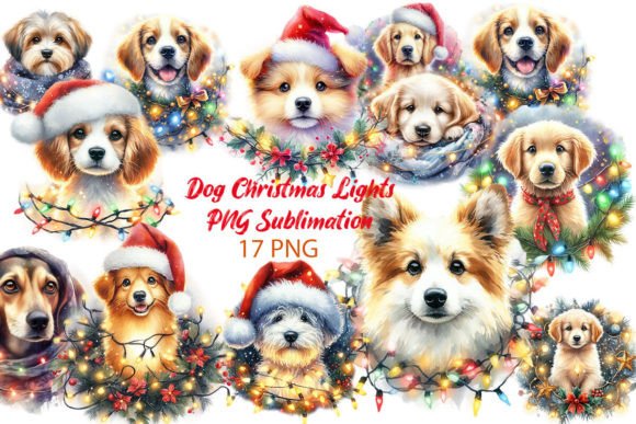 Dog Christmas Lights PNG Sublimation for Illustrations