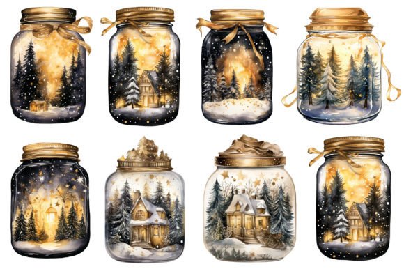 Gold Magic Christmas View in Jar Clipart for Illustrations