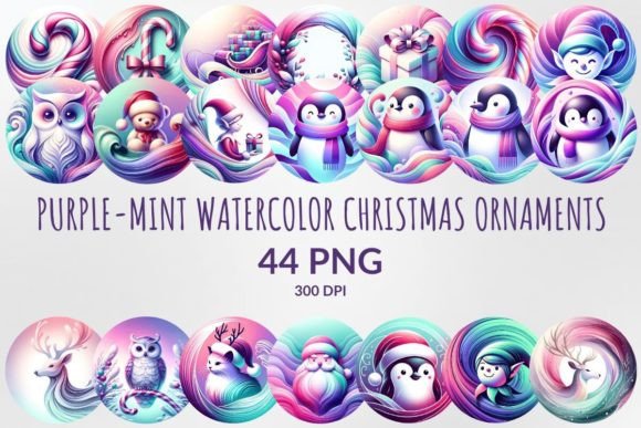 Purple-mint Christmas Ornaments Clipart for Modern Illustrations