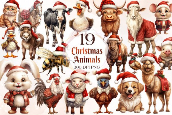 Vintage Christmas Farm Animal Clipart for Illustrations