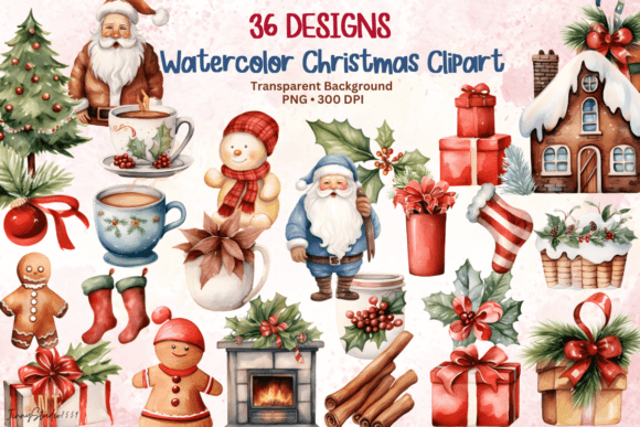Watercolor Christmas Clipart PNG Bundle for Seasonal Illustrations