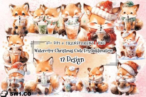 Watercolor Christmas Cute Fox Clipart for Illustrations