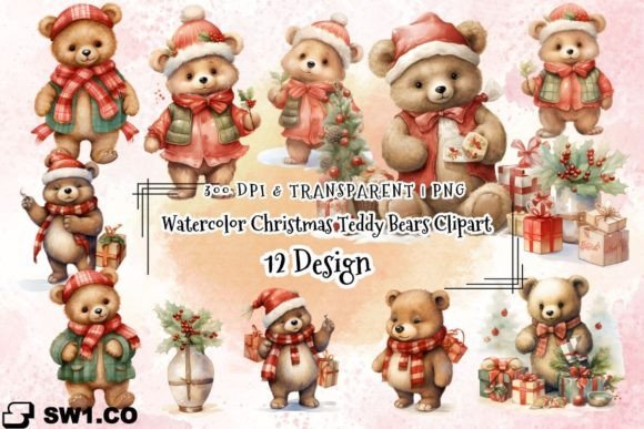 Watercolor Christmas Teddy Bears Clipart