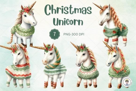 Watercolor Christmas Unicorn Clipart for Festive Illustrations