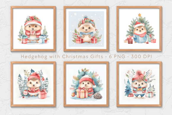 Watercolor Hedgehog with Christmas Gifts in Illustrations
