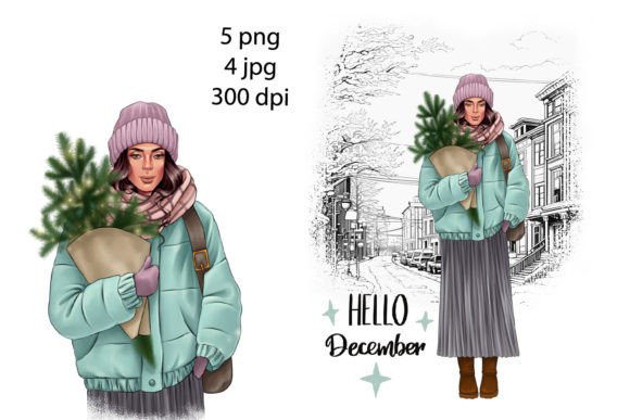 Winter Girl with Christmas Tree Clipart for Modern Illustrations